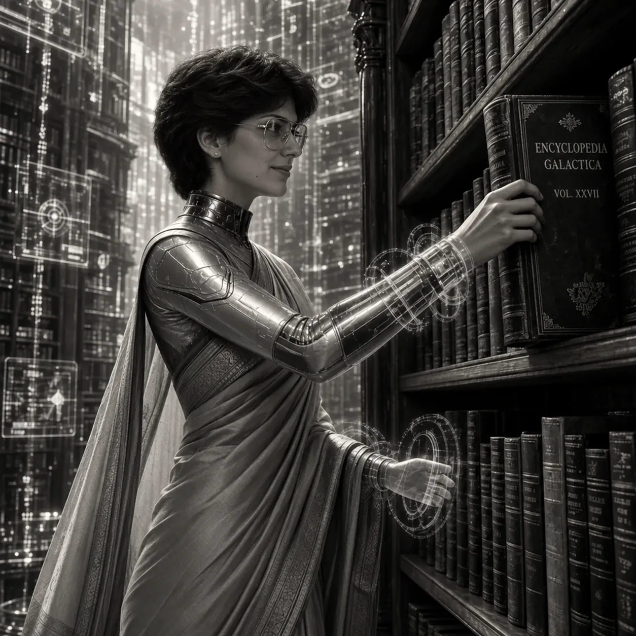 Donna del futuro in biblioteca con volto realistico e occhiali, ispirata alla fotografia fornita