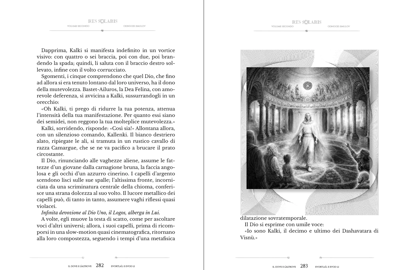 Il Dove e l’Altrove, volume secondo, pagine 282 e 283 con l’illustrazione di Kalki