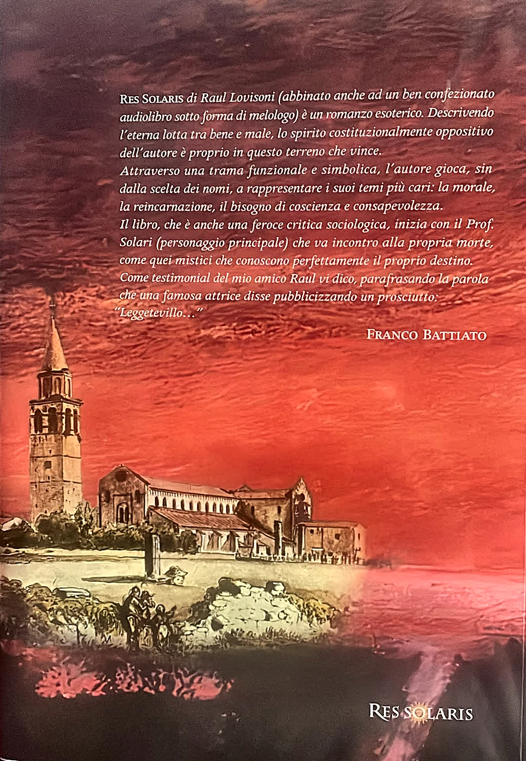 Retro di copertina di Res Solaris: la basilica e il campanile di Aquileia e la presentazione di Franco Battiato