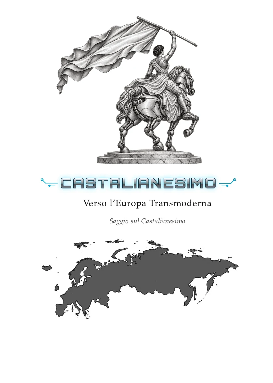Castalia, pagina 1: la statua della cavaliera col vessillo Castalianesimo sopra il titolo; sotto, la sagoma di Europa e Russia