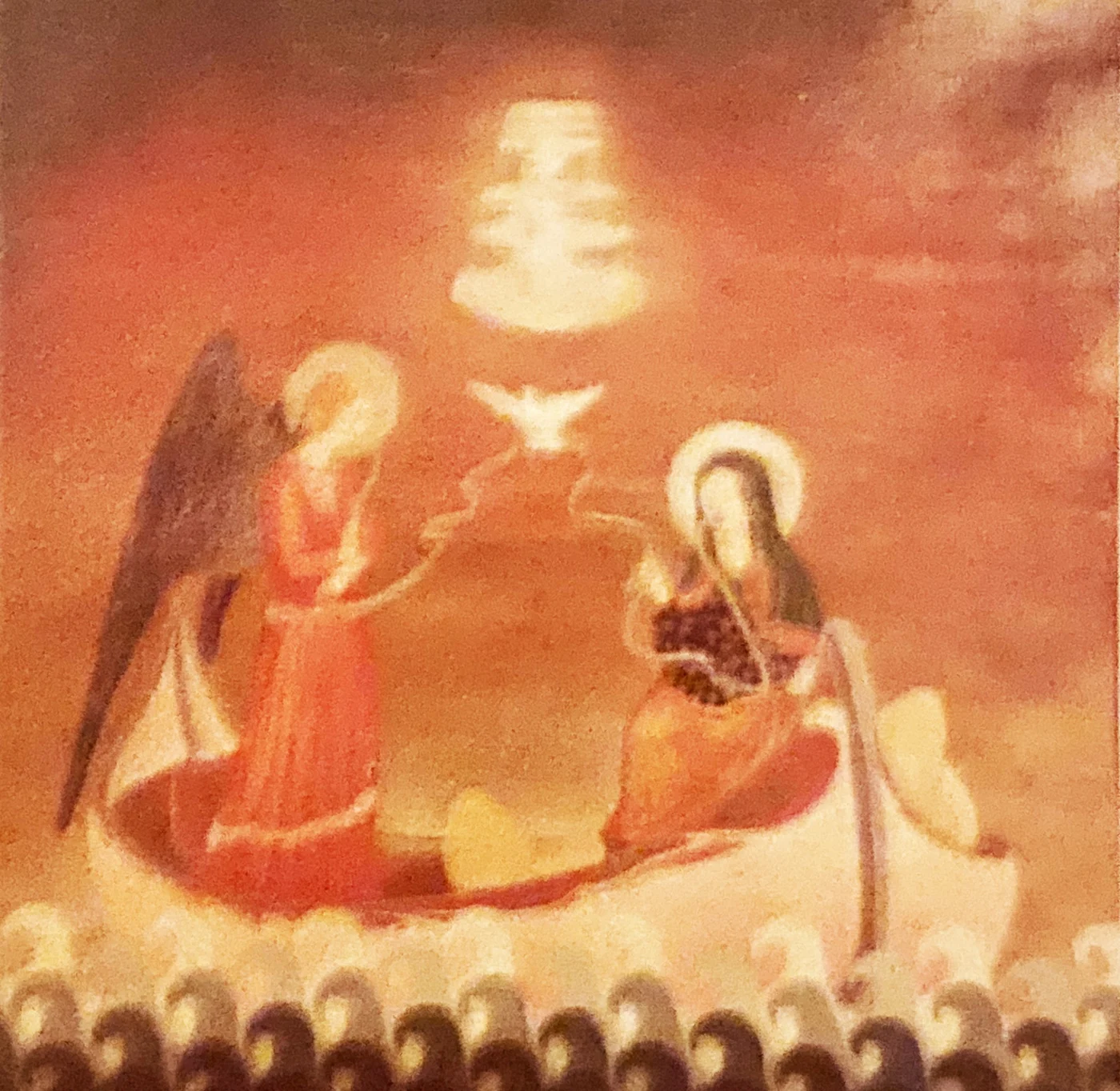 Raul Lovisoni, Annunciazione su fondo rosso con colomba e onde