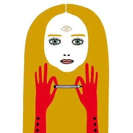Illustrazione di Giulia Spanghero: volto di donna con il terzo occhio e una matita tra le mani rosse
